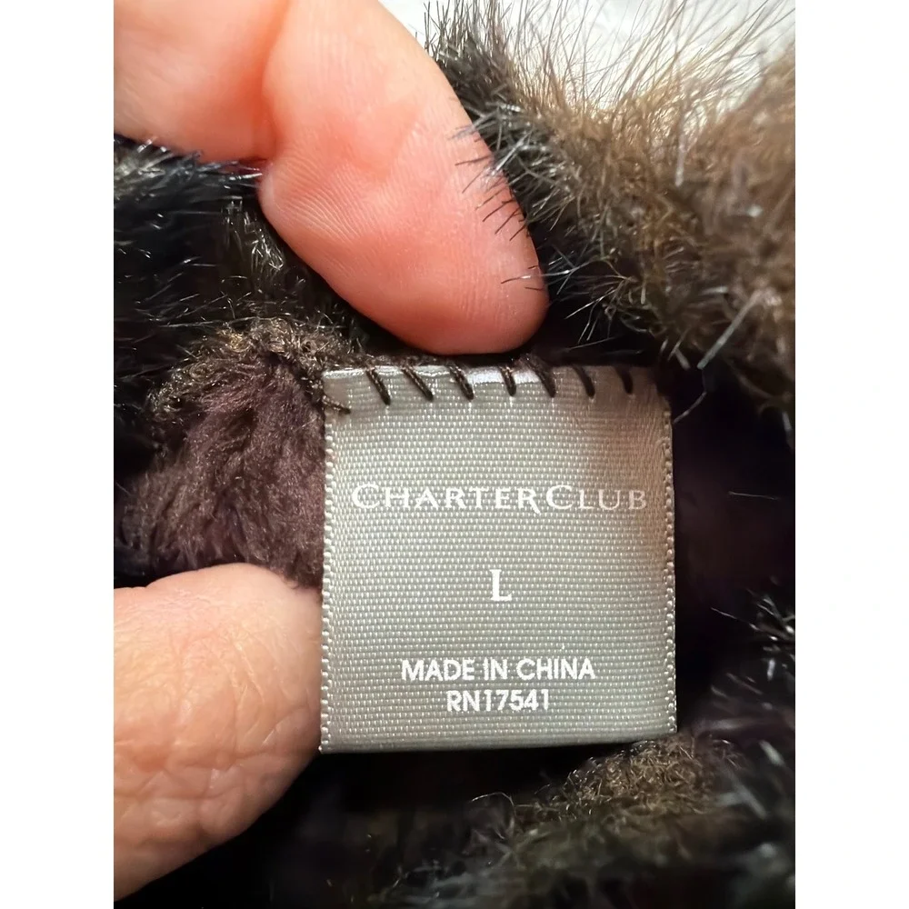 Charter Club Leather Gloves Women Large Brown Faux Fur Trim Winter RN17541